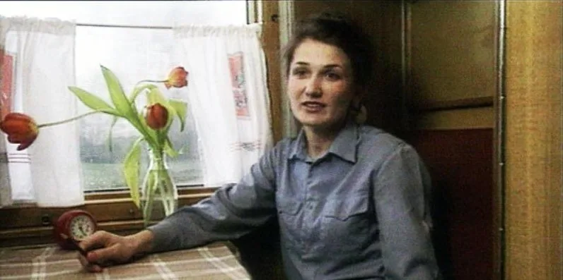 In a compartment, tulips on the table.